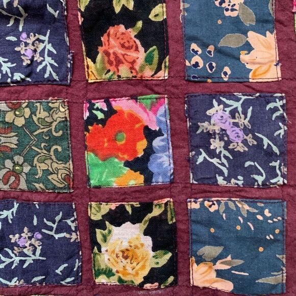 Vintage 90s Vest Multicolor Dark Floral Patchwork Checkered Tie Waistcoat Medium - Picture 8 of 10